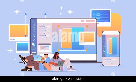 Grafikdesigner arbeiten an Laptop Mann Frau Designer Design Logo Digital Art Creation Studenten Anwendungskonzept Stock Vektor