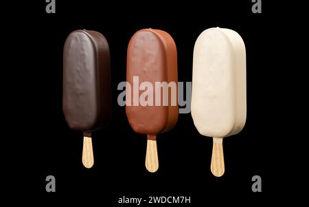 Eis-Schokolade kleben. Drei Arten Eis Schokolade Escimo isoliert auf Schwarz. Schokoladeneis am Stab. Eis im Dunkeln bedeckt, mi Stockfoto