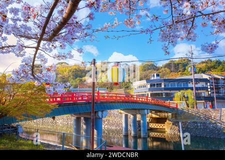 Kyoto, Japan - 1. April 2023: Präfekturaler Uji Park mit voller Kirschblüte ist das Symbol der Stadt Uji mit schöner Landschaft der Stadt und PR Stockfoto