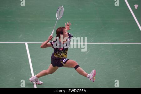 Neu-Delhi, Indien. Januar 2024. Okuhara Nozomi aus Japan tritt im Viertelfinale der Frauen gegen Chen Yufei aus China beim India Open 2024 Badminton-Turnier in Neu-Delhi, Indien, am 19. Januar 2024 an. Quelle: Javed Dar/Xinhua/Alamy Live News Stockfoto