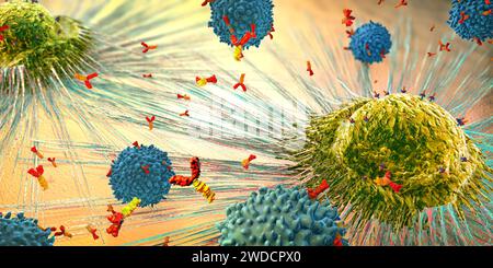 Lymphozytenzellen, die eine Krebszelle angreifen, Illustration Stockfoto