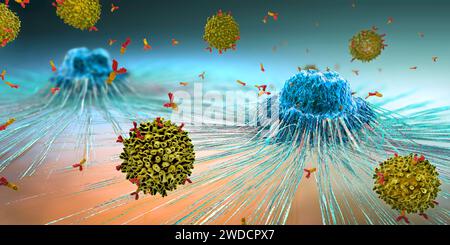 Lymphozytenzellen, die eine Krebszelle angreifen, Illustration Stockfoto