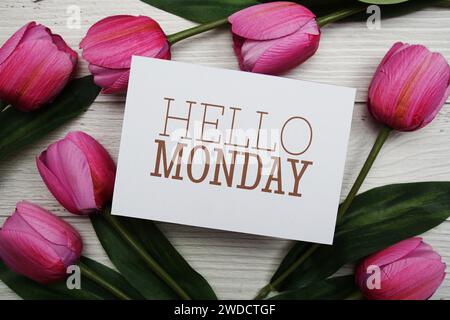 Hello Monday Karte mit Tulpenblume auf hölzernem Hintergrund Stockfoto