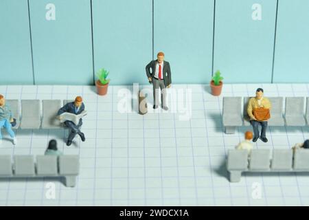Miniatur-Kleinkinder-Spielfiguren-Fotografie. Illustration des gelangweilten Konzepts. Ein Geschäftsmann, der es satt hat, am Busbahnhof, in der Flughafenhalle zu warten. Bild Stockfoto