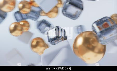 Abstrakte Komposition. Würfel und Goldkugeln. Weichzeichner. Unscharfer Hintergrund Stockfoto
