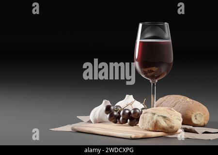 Flasche und Glas Rotwein auf festem Hintergrund Stockfoto