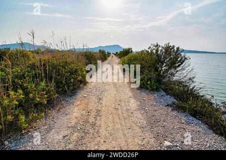 Blick auf die Lagune von Gialova. Die Lagune von Gialova ist eines der wichtigsten Feuchtgebiete in Europa, da sie die südlichste Zugstation o darstellt Stockfoto
