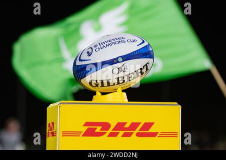 Galway, Irland. Januar 2024. Der offizielle Spielball während des Investec Champions Cup, Runde 4, Pool 1 Spiel zwischen Connacht Rugby und Bristol Bears im Dexcom Stadium in Galway, Irland am 19. Januar 2024 (Foto: Andrew SURMA/ Credit: SIPA USA/Alamy Live News Stockfoto