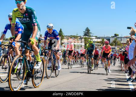 Adelaide, Südaustralien - 20. Januar 2024: Santos Tour Down Under Race THINK! Road Safety Herren Stage 5 Christies Beach – Willunga Hill beginnt mit Stockfoto