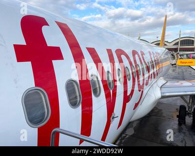 Istanbul, Türkei - 12. November 2023: Pegasus Airlines Privatflugzeug parkt an einem Flugsteig und kann bei bewölktem Himmel an Bord gehen. Stockfoto