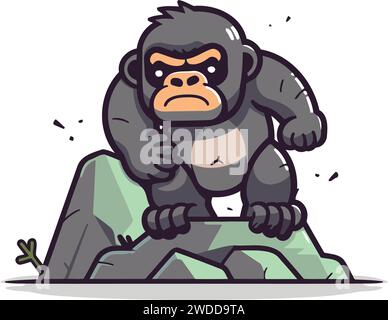 Gorilla sitzt auf einem Felsen. Vektorillustration im Cartoon-Stil. Stock Vektor