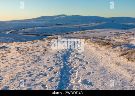 Ein Fernblick auf Ingleborough an einem Wintertag im Yorkshire Dales National Park in England, mit viel Schnee auf dem Boden und einem wunderschönen Himmel. Stockfoto