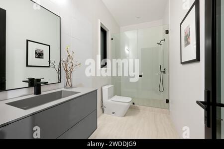 Ein geräumiges Badezimmer mit zwei Waschbecken, moderner Dusche und Toilette, Neubau Haus in Tarzana, Kalifornien Stockfoto
