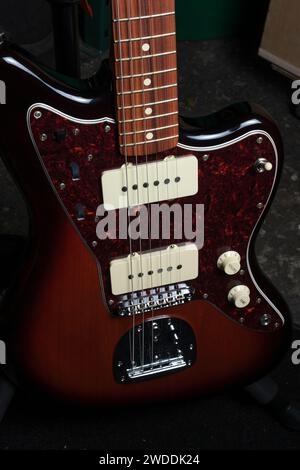 Kratzplatte, Bedienelemente, Pick-up, Gitarrensaiten und Griffbrett von E-Gitarre Stockfoto