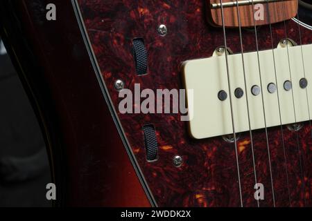 Kratzplatte, Bedienelemente, Pick-up, Gitarrensaiten und Griffbrett von E-Gitarre Stockfoto