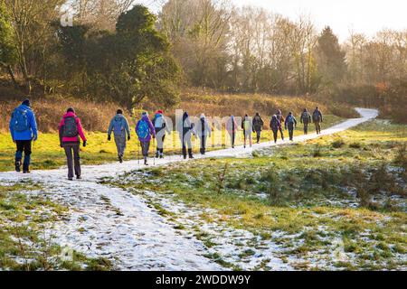 Ältere, pensionierte OAP-Mitglieder einer U3A-Wandergruppe, die sich fit und aktiv auf einem Winterspaziergang durch den Styal Country Park Cheshire England hielten Stockfoto