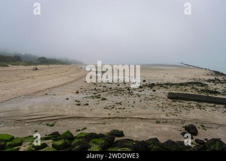 Blick auf den Strand an einem nebeligen Morgen in der Stadt Honfleur, Normandie, Frankreich Stockfoto