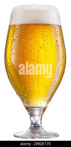 Ein Glas gekühltes Bier mit einem großen Schaumstoffkopf auf weißem Hintergrund. Beschneidungspfad. Stockfoto