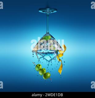 Martini-Glas mit erstaunlichem Spritzer auf dem blauen Hintergrund. Auf dem Kopf. Stockfoto