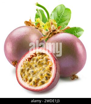 Dunkelviolette Passionsfrüchte und es ist halb mit anmutiger Innenseite auf weißem Hintergrund. Stockfoto