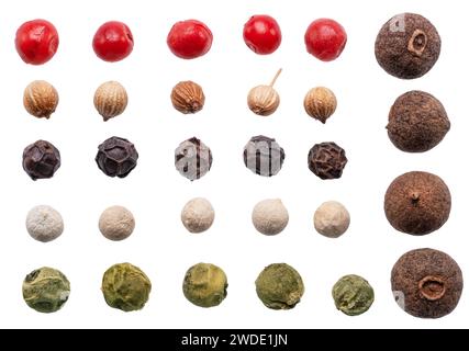 Sammlung verschiedener Pfefferkörner auf weißem Hintergrund. Datei enthält Beschneidungspfade. Stockfoto