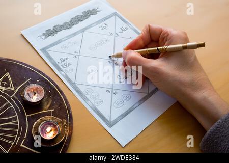 Die Hand einer Frau füllt eine Astrologie-Tabelle der jyotischen Astrologie des alten Indien Stockfoto