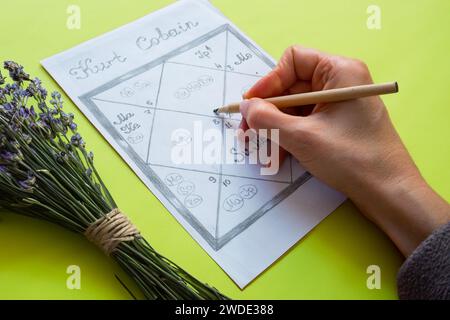 Die Hand einer Frau füllt eine Astrologie-Tabelle der jyotischen Astrologie des alten Indien Stockfoto