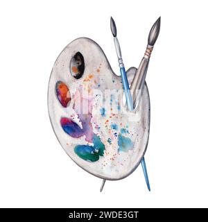 Komposition mit zwei Pinseln und Künstlerpalette. Aquarellabbildung isoliert auf weißem Hintergrund. Stilvolle ClipArt für Kunstkurse und Geschäfte Stockfoto