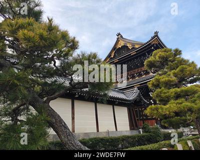 Bäume vor dem Higashi Hongan-JI Tempel in Kyoto, Japan Stockfoto
