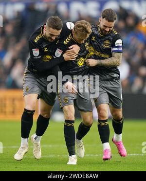 Flynn Downes aus Southampton feiert das dritte Tor ihrer Mannschaft während des Spiels der Sky Bet Championship im Stadion Swansea.com in Swansea. Bilddatum: Samstag, 20. Januar 2024. Stockfoto