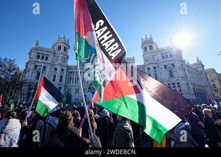 Kybele-Platz, Madrid, Spanien. Januar 2024. Mobilisierung gegen den Völkermord in Palästina und gegen den Waffenverkauf an Israel. Tag des Protestes in ganz Spanien, dem mehr als 115 Ortschaften im ganzen Land beigetreten sind. Quelle: EnriquePSans/Alamy Live News Stockfoto