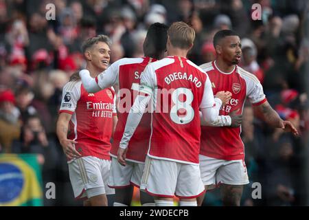 LONDON, Großbritannien - 20. Januar 2024: Leandro Trossard von Arsenal feiert das dritte Tor seiner Mannschaft während des Premier League Spiels zwischen Arsenal FC und Crystal Palace FC im Emirates Stadium (Credit: Craig Mercer/ Alamy Live News) Stockfoto