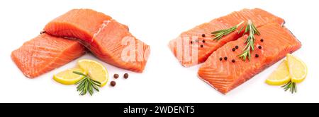 Filet von der roten Fisch Lachs mit Zitrone und Rosmarin auf weißem Hintergrund Stockfoto