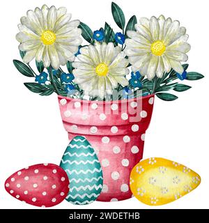 Aquarelltopf mit süßen Blumen, ostereiern und Schleife. Handgezeichnete Aquarellillustration von Ostern. Stockfoto