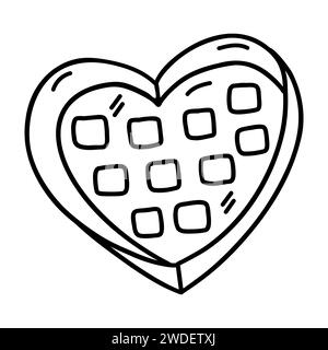 Bonbons in Kiste in Form eines Herzens. Süßes Geschenk zum Valentinstag, Schokoladengeschenk, Kompliment. Schwarz-weiß-Vektor isolierte Illustration handgezeichnet Stock Vektor