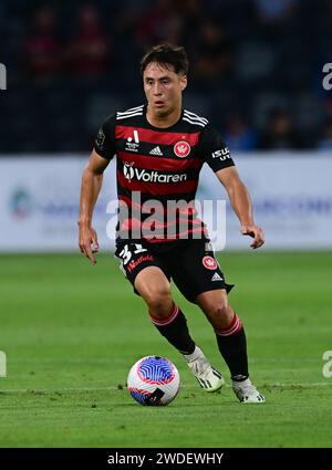 Parramatta, Australien. Januar 2024. Aidan Simmons vom Western Sydney Wanderers FC, der während des Spiels der Isuzu UTE Men's A-League 2023/24 in der Runde 13 zwischen Western Sydney Wanderers FC und Perth Glory FC im CommBank Stadium im Einsatz war. Endergebnis: Western Sydney Wanderers 1:2 Perth Glory FC. Quelle: SOPA Images Limited/Alamy Live News Stockfoto