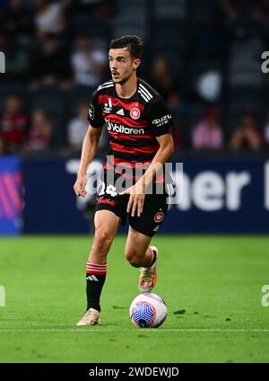 Parramatta, Australien. Januar 2024. Nicolas Milanovic vom Western Sydney Wanderers FC wird während des Spiels der Isuzu UTE Men's A-League 2023/24 in der Runde 13 zwischen Western Sydney Wanderers FC und Perth Glory FC im CommBank Stadium in Aktion gesehen. Endergebnis: Western Sydney Wanderers 1:2 Perth Glory FC. Quelle: SOPA Images Limited/Alamy Live News Stockfoto