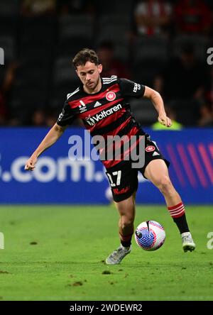 Parramatta, Australien. Januar 2024. Lachlan Ricky Brook vom Western Sydney Wanderers FC wird während des Spiels der Isuzu UTE Men's A-League 2023/24 in der Runde 13 zwischen Western Sydney Wanderers FC und Perth Glory FC im CommBank Stadium in Aktion gesehen. Endergebnis: Western Sydney Wanderers 1:2 Perth Glory FC. Quelle: SOPA Images Limited/Alamy Live News Stockfoto