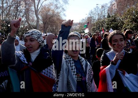 Madrid, Spanien. Januar 2024. Madrid Spanien; 20.01.2024.- Solidaritätsnetzwerk gegen die Besatzung Palästinas (RESCOP) fordert Demonstrationen in Spanien, "für das Ende des Völkermords in Palästina, das Ende des Waffenhandels und den Bruch der Beziehungen zu Israel". Die Mobilisierungen finden in 115 spanischen Städten statt, um gegen die spanische Regierung zu protestieren, weil sie "die staatliche und internationale Gesetzgebung nicht einhält, indem sie den Waffenhandel mit Israel aufrechterhält". Vermerk: Juan Carlos Rojas/dpa/Alamy Live News Stockfoto