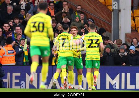 Carrow Road, Norwich, Norfolk, Großbritannien. Januar 2024. EFL Championship Football, Norwich City gegen West Bromwich Albion; Josh Sargent aus Norwich City feiert, nachdem er 1-0 in der 13. Minute erzielte. Credit: Action Plus Sports/Alamy Live News Stockfoto