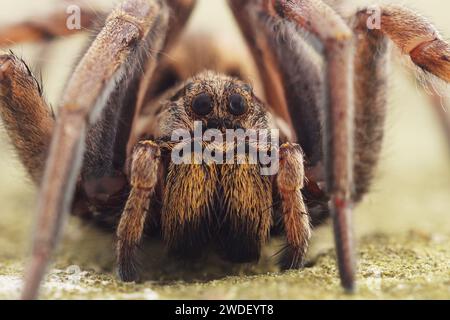 Detaillierte Gesichtsaufnahme der größten europäischen Wolfsspinne, Hogna radiata in Südfrankreich Stockfoto