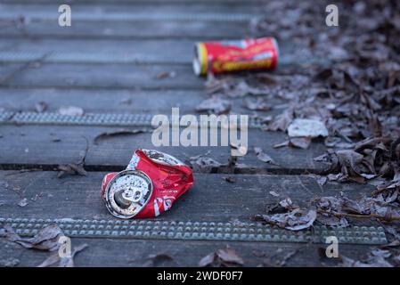 Müll auf dem Landweg, zerknitterte Dosen auf dem Boden Stockfoto