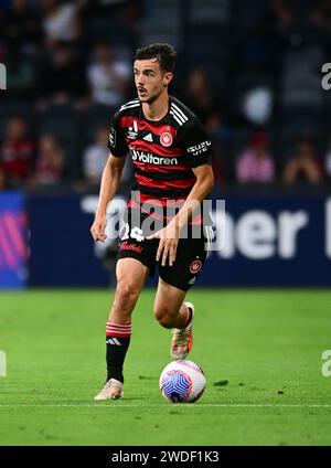 Parramatta, Australien. Januar 2024. Nicolas Milanovic vom Western Sydney Wanderers FC wird während des Spiels der Isuzu UTE Men's A-League 2023/24 in der Runde 13 zwischen Western Sydney Wanderers FC und Perth Glory FC im CommBank Stadium in Aktion gesehen. Endergebnis: Western Sydney Wanderers 1:2 Perth Glory FC. (Foto: Luis Veniegra/SOPA Images/SIPA USA) Credit: SIPA USA/Alamy Live News Stockfoto