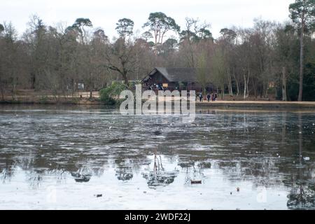 Wexham, Großbritannien. Januar 2024. Der See im Black Park Country Park in Wexham, Buckinghamshire, bleibt nach Tagen eiskalter Temperaturen gefroren. Quelle: Maureen McLean/Alamy Live News Stockfoto