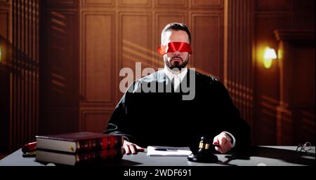 Der Richter Mit Den Augen Im Gerichtssaal Schlägt Gavel. Strafverfahren Stockfoto