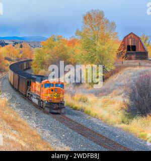 Zug, der im Herbst an einer alten Scheune in jens, montana, vorbeifährt Stockfoto