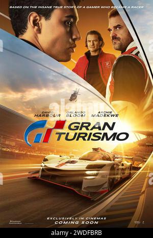 Gran Turismo (2023) unter der Regie von Neill Blomkamp mit David Harbour, Orlando Bloom und Archie Madekwe. Basierend auf einer wahren Geschichte über einen Spieler der Arbeiterklasse, der sich hinter ein echtes Rad setzt. US Advance Poster ***NUR FÜR REDAKTIONELLE ZWECKE***. Quelle: BFA / Columbia Pictures Stockfoto