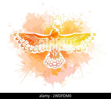 Vektorillustration eines stilisierten Vogels mit gelben Aquarellspritzern auf weißem Hintergrund. Malerei der Silhouette von phoenix mit Farbsprays. Stock Vektor