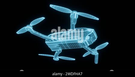 Zeichnung einer Quadcopter-Drohne in der Form Blau eines Drahtmodells aus Polygonen auf einem schwarzen isolierten Hintergrund, 3D-Rendering. Stockfoto