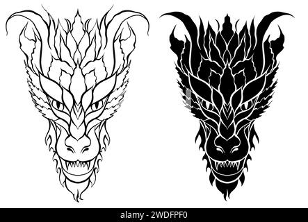 Vektorsatz von Umrissen und schwarzen Silhouetten Cliparts eines tosenden Drachen isoliert vom Hintergrund. Einfarbige Fantasy-Illustration mit Silvester-Symbol Stock Vektor